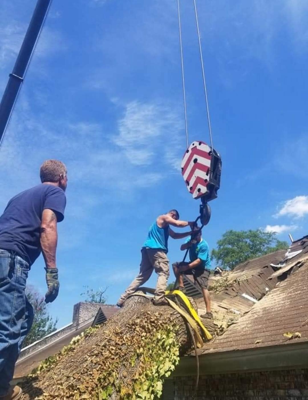 Rescue workers on a roof lift a person with a crane beneath a blue sky.