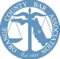 Orange County Bar Association logo with a scale of justice over Florida map, light blue,