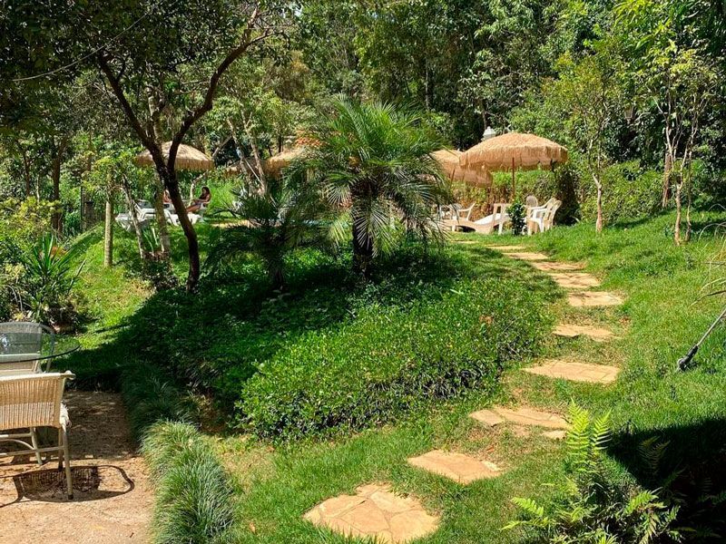 Um caminho de pedra serpenteia por um jardim exuberante e verdejante, com palmeiras, guarda-sóis e mesas ao ar livre.