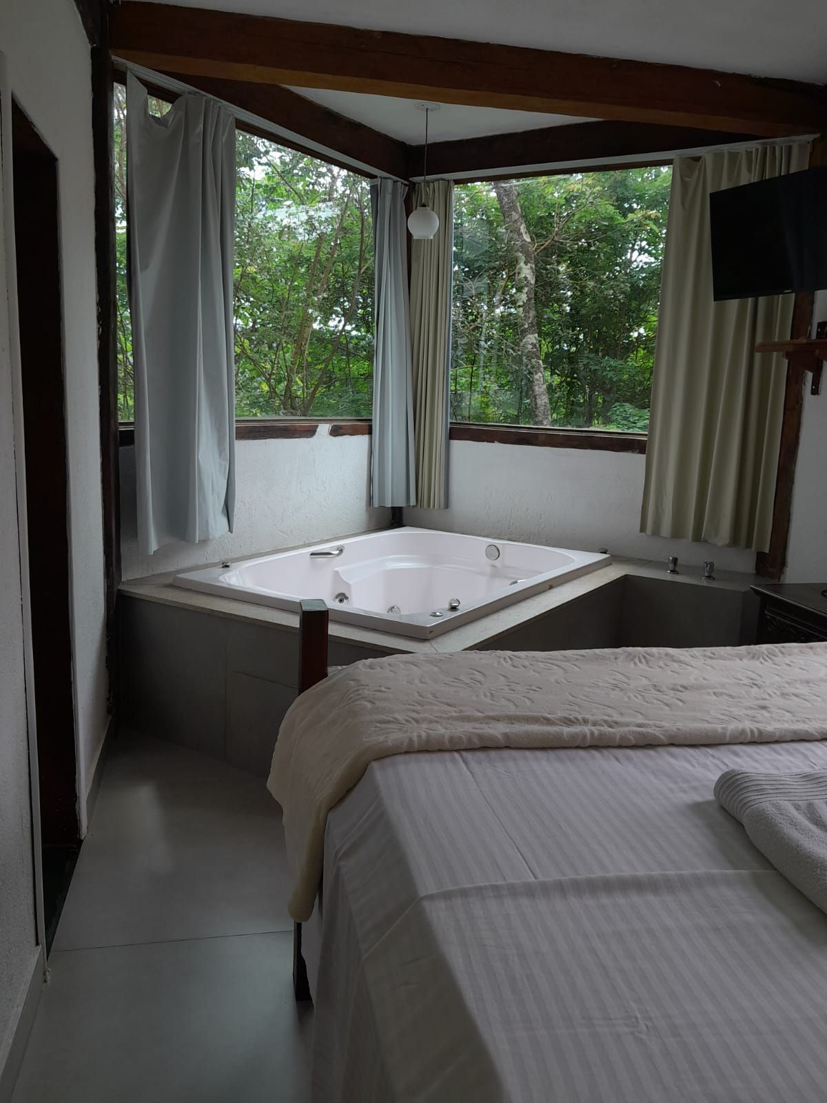 Um quarto com banheira de hidromassagem de canto ao lado de grandes janelas com vista para uma floresta verdejante e exuberante.