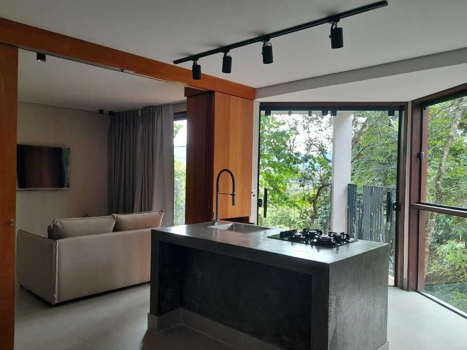 Estúdio moderno com ilha de cozinha em concreto, pia e fogão de frente para grandes janelas com vista para árvores exuberantes e um sofá.
