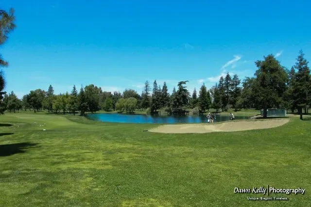 Golf course green with a sand bunker, blue water hazard, and trees under a clear sky