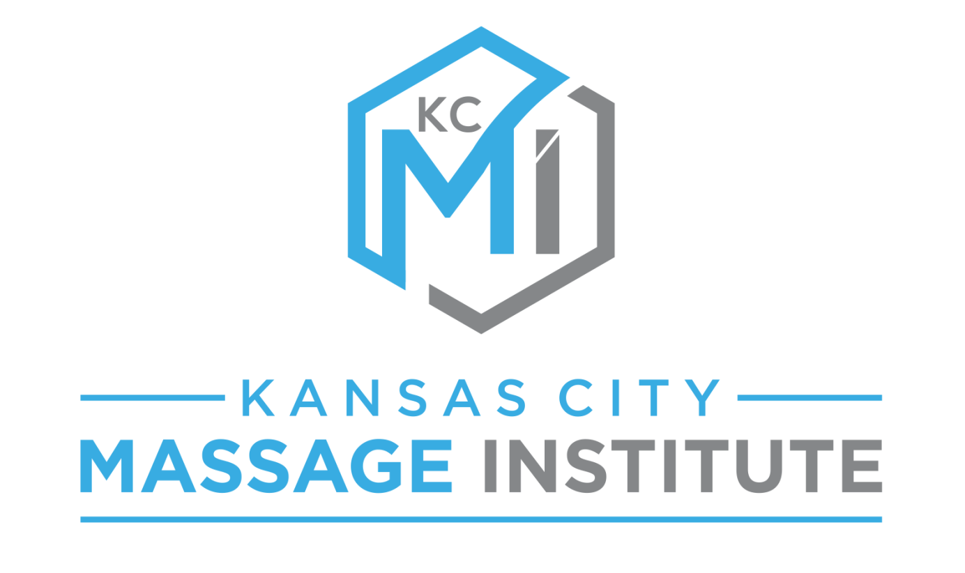 The logo for kansas city massage institute is blue and gray.