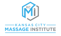 The logo for kansas city massage institute is blue and gray.