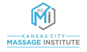 The logo for kansas city massage institute is blue and gray.