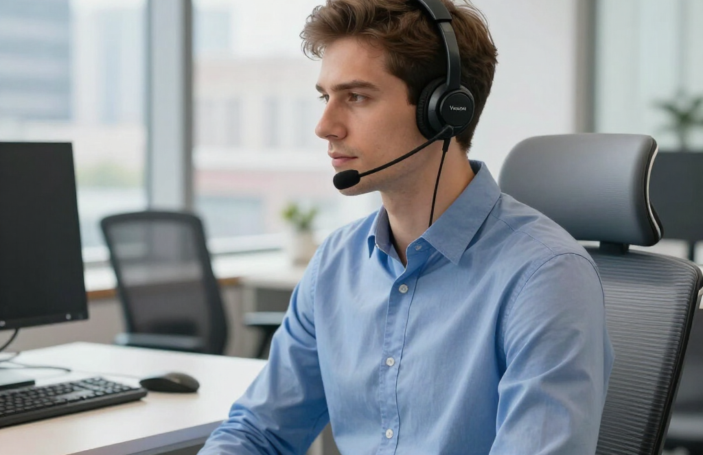 Man wearing a headset at a desk in an office, looking at a monitor during a call.
