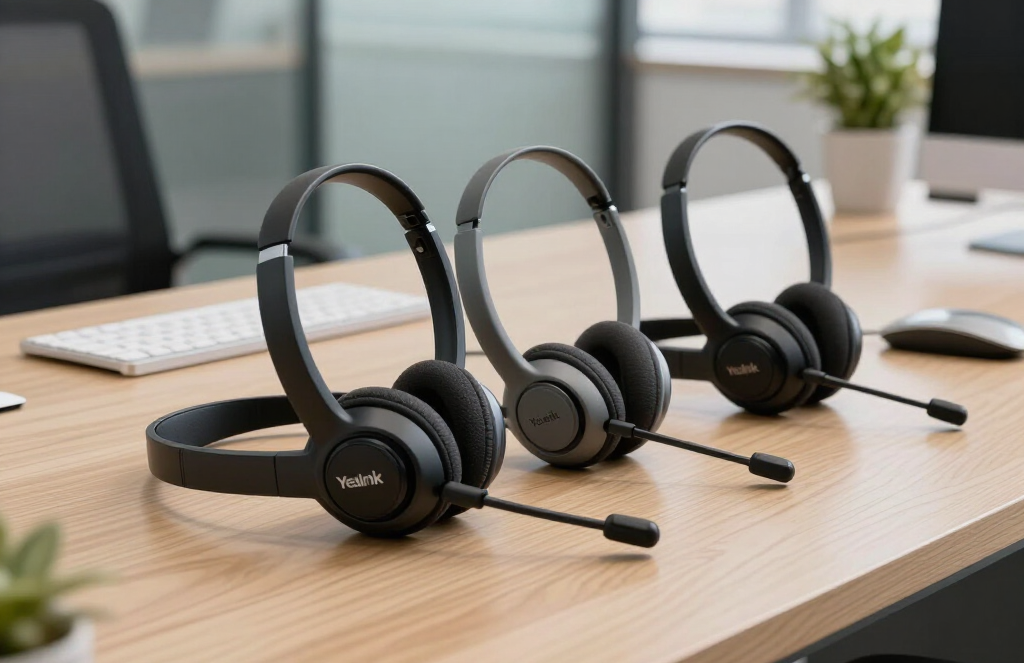 Three black headsets with microphones on a wooden office table near a keyboard and monitor
