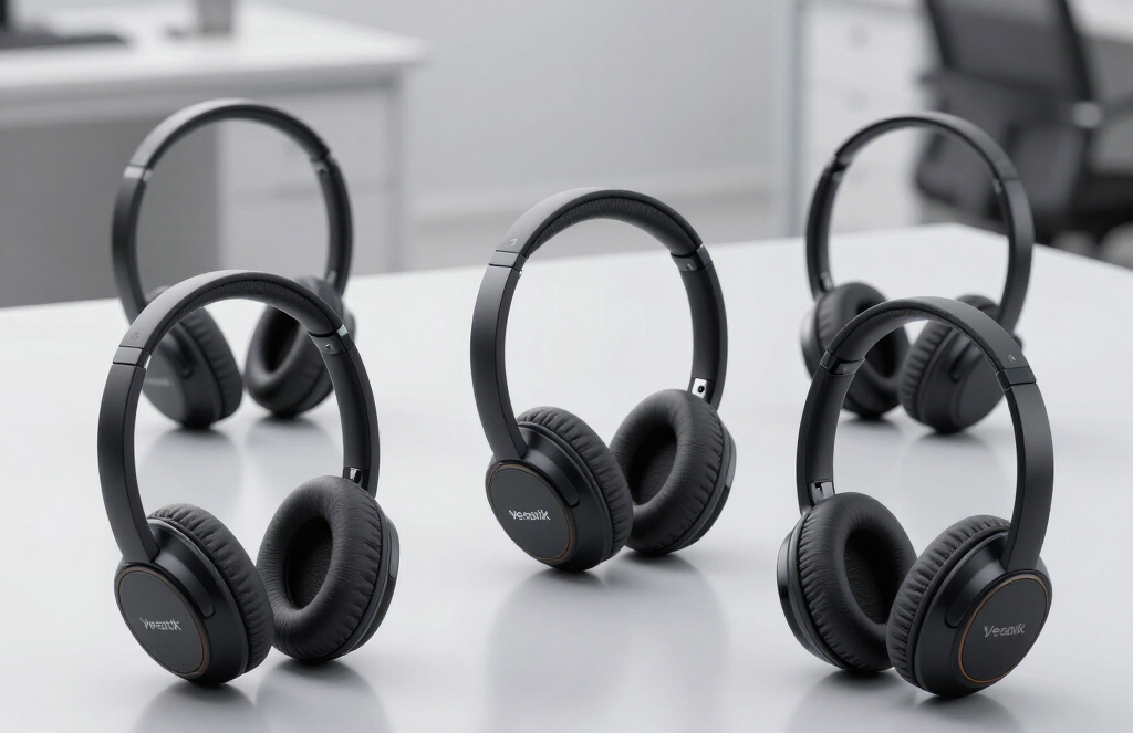Black over-ear headphones displayed on a gray surface with one pair standing upright and two folded pairs nearby