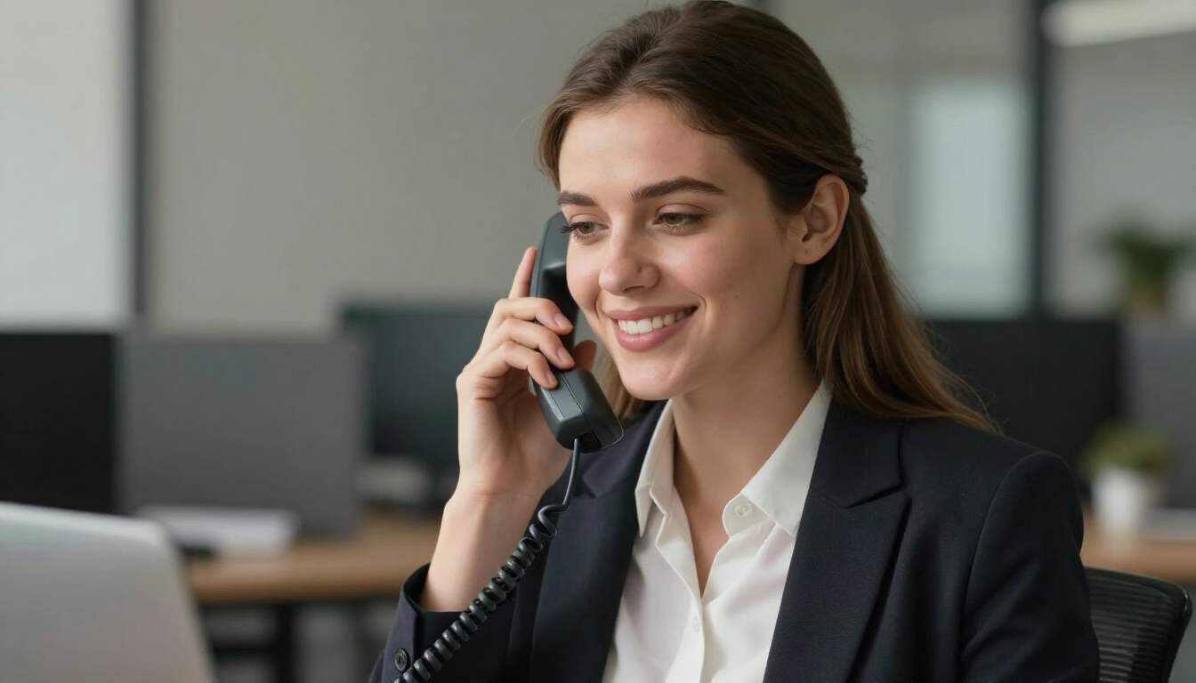 Smiling woman in a black blazer talks on a phone in an office setting