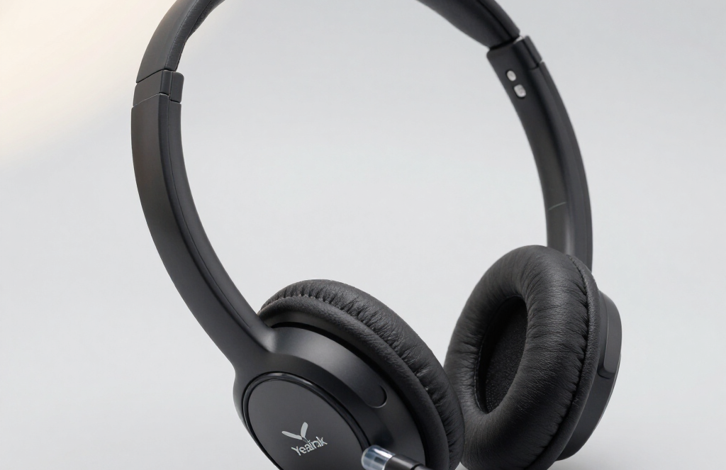 Black over-ear headphones on a light gray background