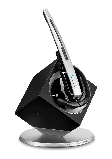 Bluetooth headset in a black charging station with a silver base.