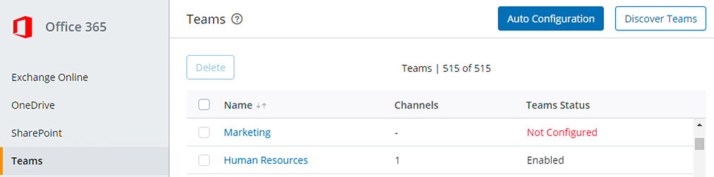 Office 365 configuration screen