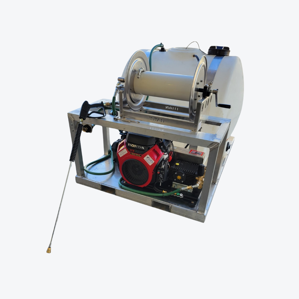 Custom pressure washing rig fabrication with mounted engine and pump system