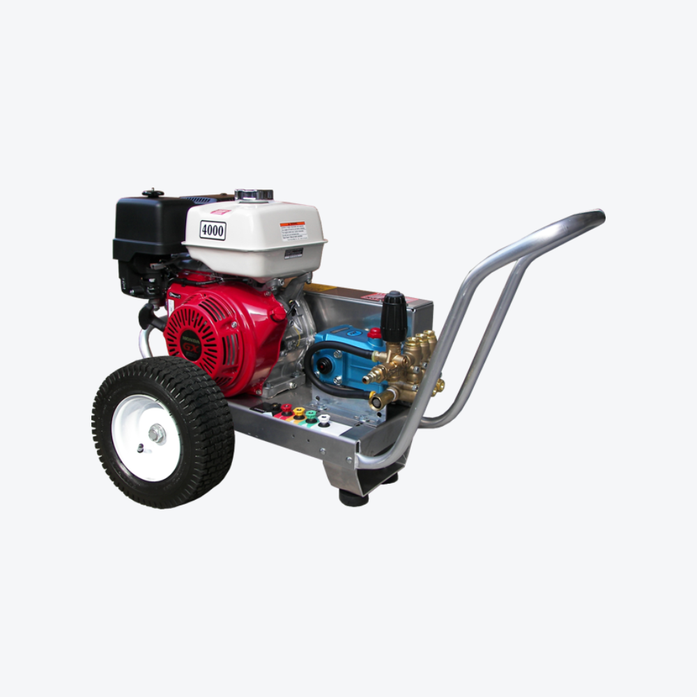 Gas-powered pressure washer on wheeled frame for commercial use