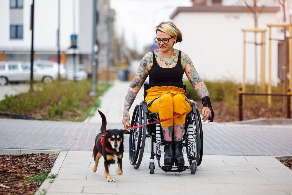 A Woman in A Wheelchair Is Walking a Dog on A Leash — Mobility Modification Services In Garbutt, QLD