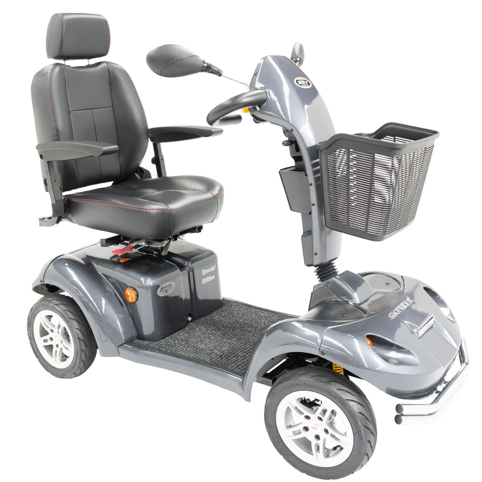 A Grey Mobility Scooter with A Basket on The Back Is on A White Background — Mobility Modification Services In Garbutt, QLD