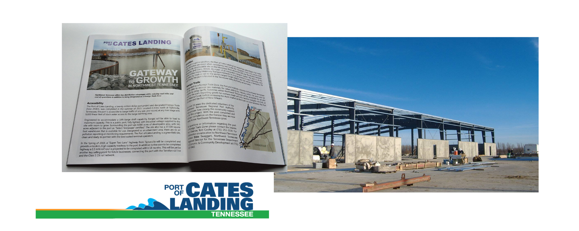 Open book beside blue industrial building under clear sky, with GATES LANDING logo below