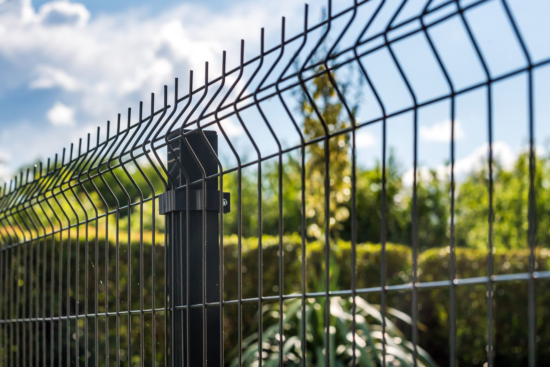Black welded wire security fence with blurred greenery in the background Black welded wire security fence with blurred greenery in the background