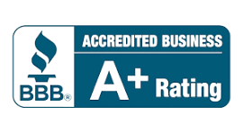 BBB Accredited Business A+ Rating logo in blue and white