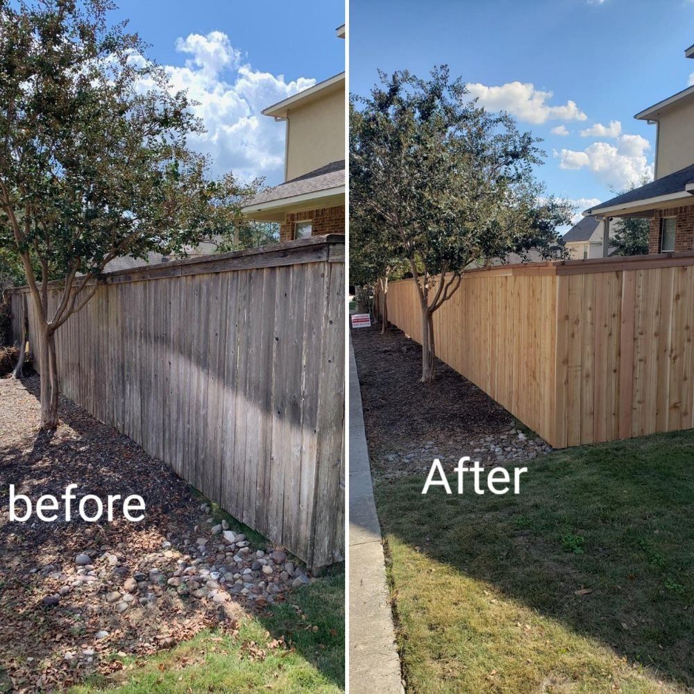 A before and after picture of a wooden fence.