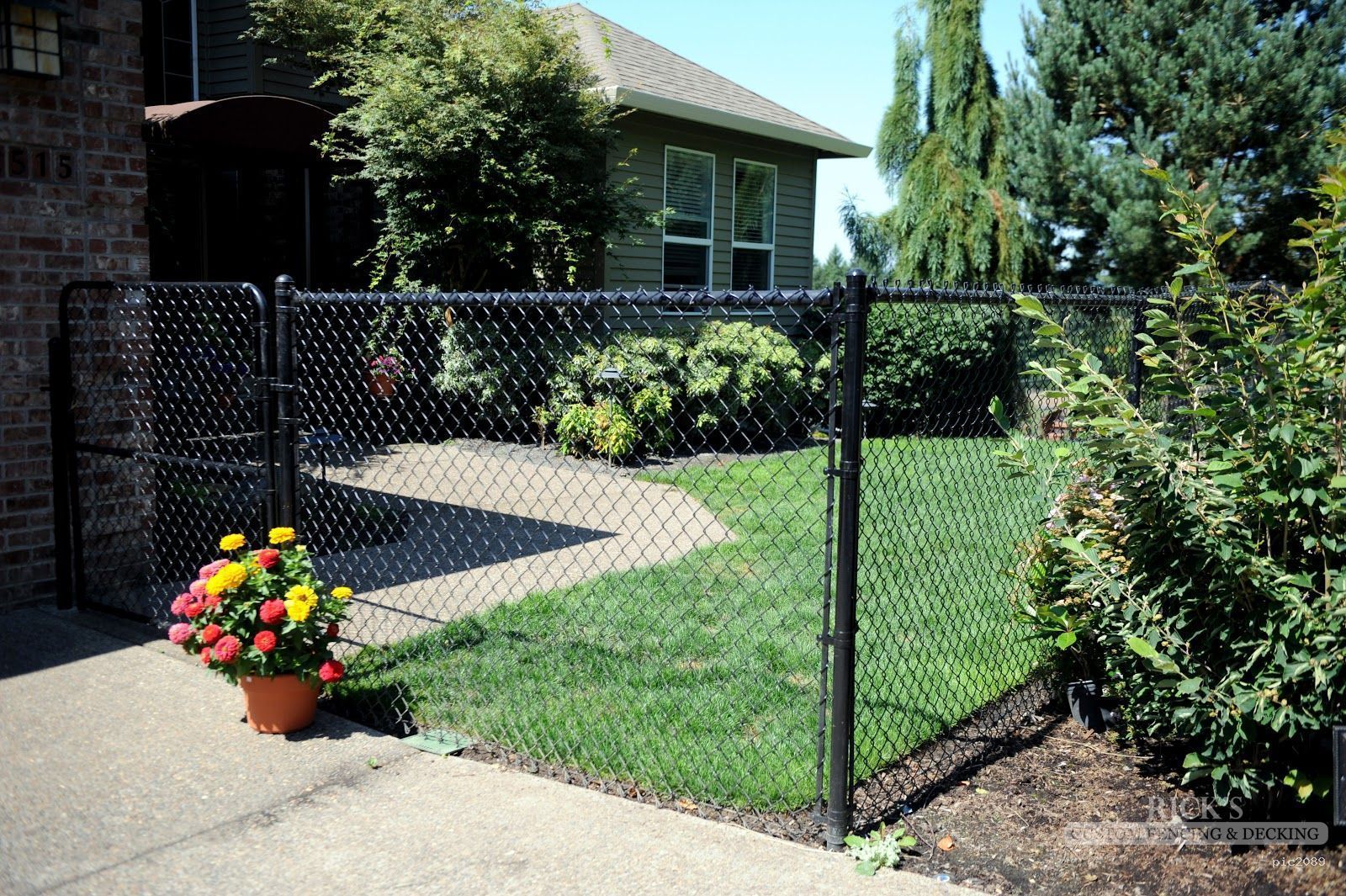 A black chain link fence surrounds a lush green yard