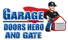 The logo for garage doors hero and gate shows a man in a cape holding a garage door.