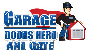 The logo for garage doors hero and gate shows a man in a cape holding a garage door.
