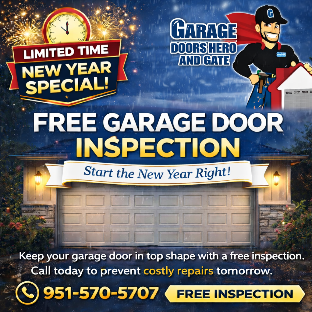 Advertisement for free garage door inspection. Features a hero character, garage image, and phone number.