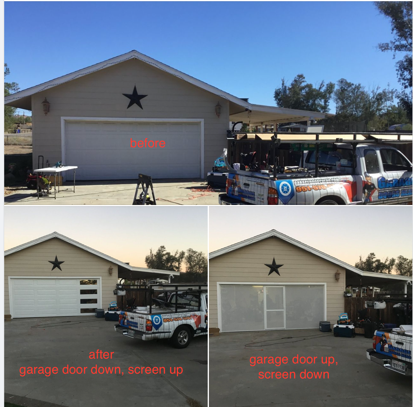 A before and after picture of a garage door