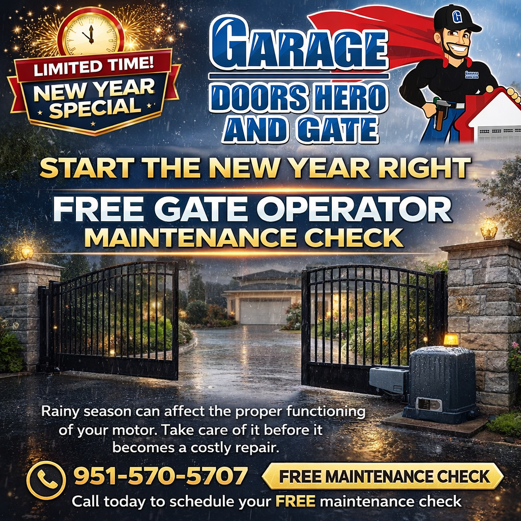 Garage door and gate service advertisement. Offers free gate operator maintenance check.