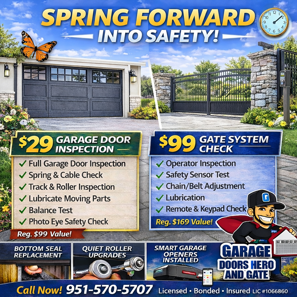 Advertisement for garage door and gate maintenance services, offering inspections for $29 and $99, with contact info.