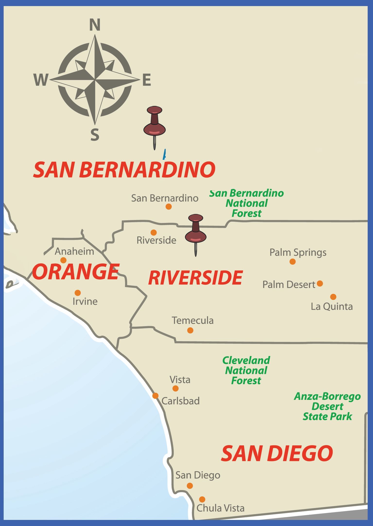 A map of california with a blue circle around san diego