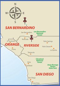 A map of california with a blue circle around san diego