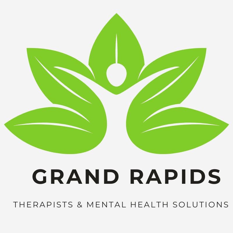 Logo for Grand Rapids Therapists: Green leaves around a person with arms raised.