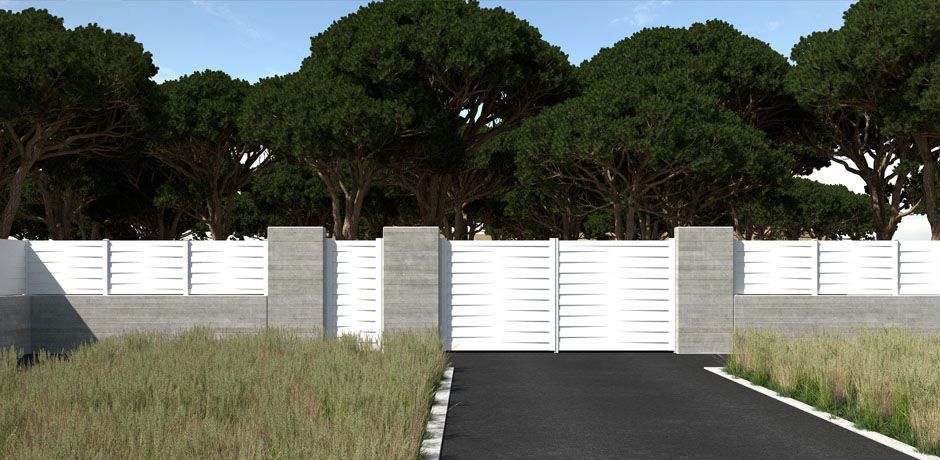 Valla PVC blanco Dlimity Alterna Cross. Sin mantenimiento. Valla de ocultación total con lamas cruzadas.  Para jardin, casa, finca, separacion de ambientes. Lamas y postes de PVC. 20 años de garantia. Fabricacion a medida, entrega en kit. Puerta peatonal y puerta para vehículos a juego.