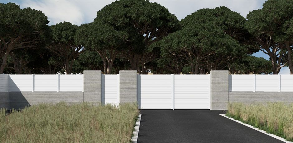 Valla PVC blanco Dlimity Antigona. Sin mantenimiento. Valla de ocultación total.  Para jardin, casa, finca, separacion de ambientes. Lamas y postes de PVC. 20 años de garantia. Fabricacion a medida, entrega en kit. Puerta peatonal y puerta para vehículos a juego.