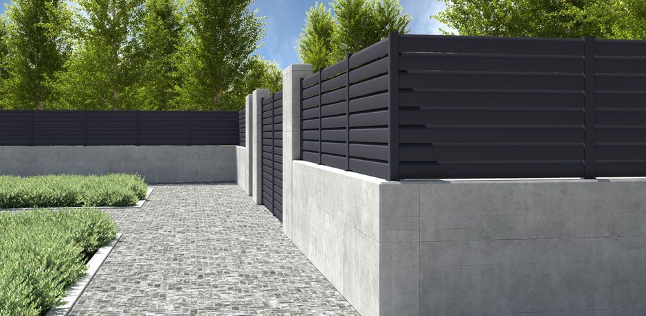 Valla Dlimity Apolo aluminio. Valla de ocultación. Lamas y postes de aluminio gris. Permiten el paso del aire. Valla para jardin, casa, finca, separacion de ambientes. 7 años de garantia. Fabricacion a medida, entrega en kit.
