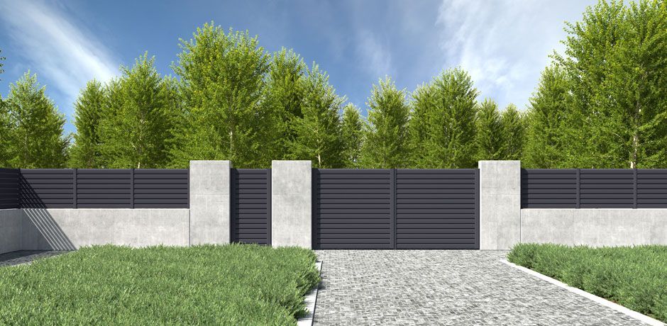 Valla Dlimity Apolo aluminio. Valla de ocultación. Lamas y postes de aluminio gris. Permiten el paso del aire. Valla para jardin, casa, finca, separacion de ambientes. 7 años de garantia. Fabricacion a medida, entrega en kit.. Puerta peatonal y puerta para vehículos a juego.