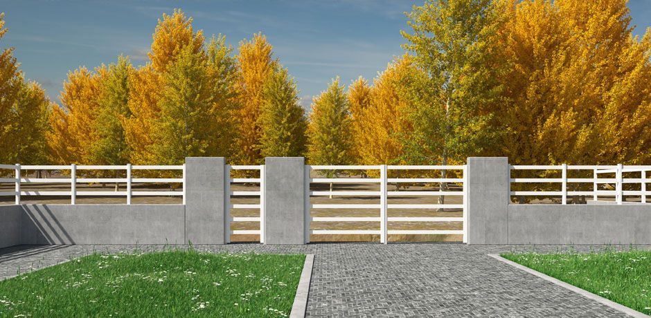 Valla PVC blanco Dlimity Aquiles 250. Sin mantenimiento. Valla abierta para jardin, casa, finca, separacion de ambientes. Lamas y postes de PVC. 20 años de garantia. Fabricacion a medida, entrega en kit. Puerta peatonal y puerta para vehículos a juego.