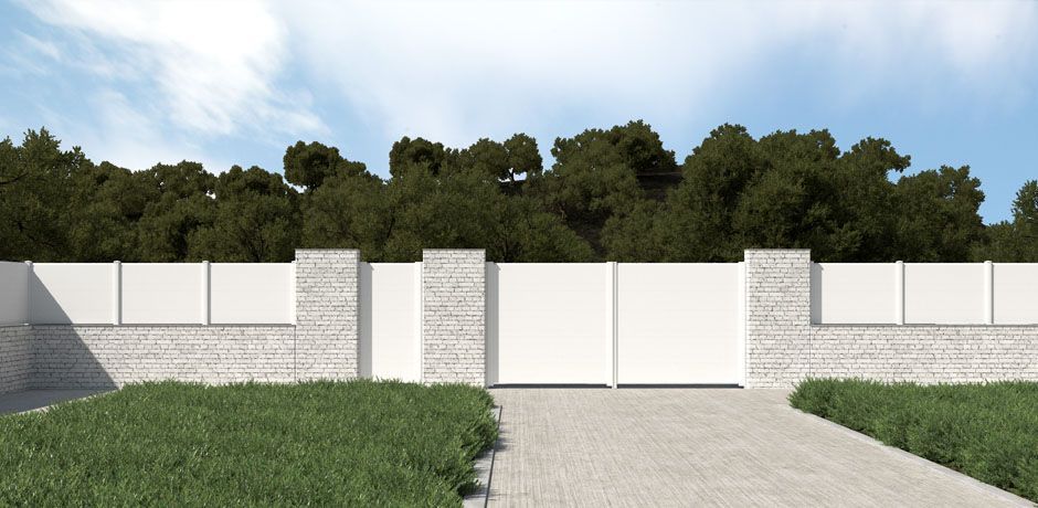 Valla PVC blanco Dlimity Helios Zero. Sin mantenimiento. Valla de ocultación con lamas biseladas sin espacio entre ellas.  Para jardin, casa, finca, separacion de ambientes. Lamas y postes de PVC. 20 años de garantia. Fabricacion a medida, entrega en kit. Puerta peatonal y puerta para vehículos a juego.