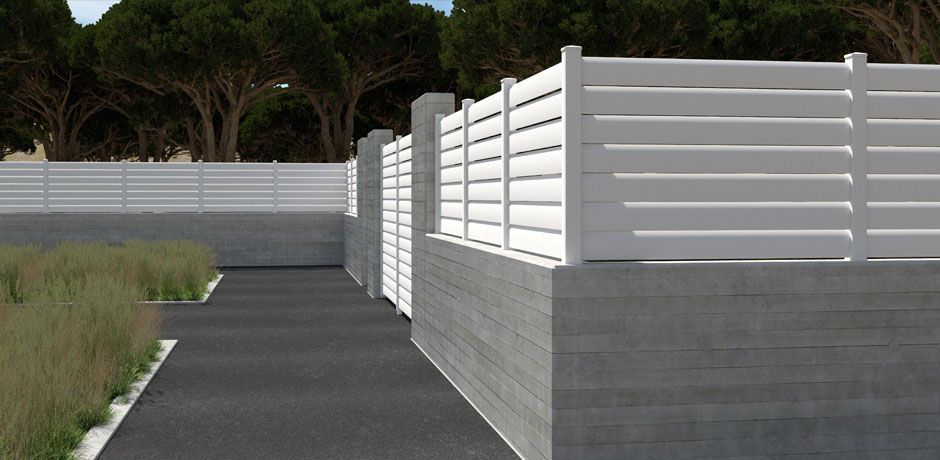 Valla PVC blanco Dlimity Helios. Sin mantenimiento. Valla de ocultación con lamas biseladas que dejan pasar el aire.  Para jardin, casa, finca, separacion de ambientes. Lamas y postes de PVC. 20 años de garantia. Fabricacion a medida, entrega en kit. 