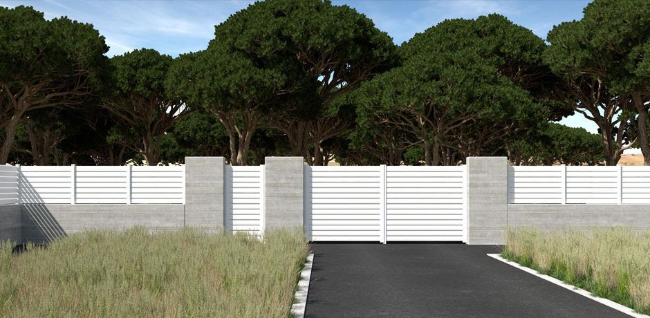 Valla PVC blanco Dlimity Helios. Sin mantenimiento. Valla de ocultación con lamas biseladas que dejan pasar el aire.  Para jardin, casa, finca, separacion de ambientes. Lamas y postes de PVC. 20 años de garantia. Fabricacion a medida, entrega en kit. Puerta peatonal y puerta para vehículos a juego.