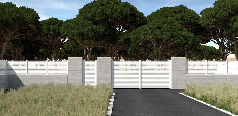 Valla PVC blanco Dlimity Hermes. Sin mantenimiento. Valla abierta para jardin, casa, finca, separacion de ambientes. Lamas y postes de PVC. 20 años de garantia. Fabricacion a medida, entrega en kit. Puerta peatonal y puerta para vehículos a juego.