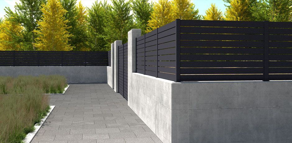 Valla Dlimity Horizon 010 aluminio. Valla abierta. Lamas y postes de aluminio gris. Separación entre lamas 10 mm. Valla para jardin, casa, finca, separacion de ambientes. 7 años de garantia. Fabricacion a medida, entrega en kit.