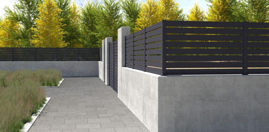 Valla Dlimity Horizon 020 aluminio. Valla abierta. Lamas y postes de aluminio gris. Separación entre lamas 20 mm. Valla para jardin, casa, finca, separacion de ambientes. 7 años de garantia. Fabricacion a medida, entrega en kit. 