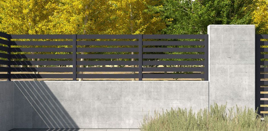 Valla Dlimity Horizon 050 aluminio. Valla abierta. Lamas y postes de aluminio gris. Separación entre lamas 50 mm. Valla para jardin, casa, finca, separacion de ambientes. 7 años de garantia. Fabricacion a medida, entrega en kit.