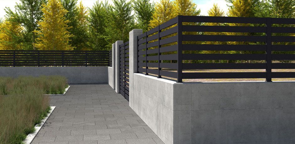 Valla Dlimity Horizon 050 aluminio. Valla abierta. Lamas y postes de aluminio gris. Separación entre lamas 50 mm. Valla para jardin, casa, finca, separacion de ambientes. 7 años de garantia. Fabricacion a medida, entrega en kit.