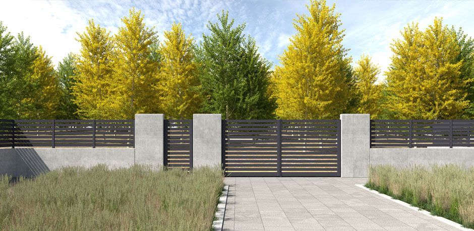 Valla Dlimity Horizon 050 aluminio. Valla abierta. Lamas y postes de aluminio gris. Separación entre lamas 50 mm. Valla para jardin, casa, finca, separacion de ambientes. 7 años de garantia. Fabricacion a medida, entrega en kit. Puerta peatonal y puerta para vehículos a juego.