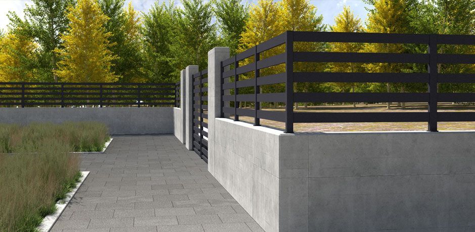 Valla Dlimity Horizon 100 aluminio. Valla abierta. Lamas y postes de aluminio gris. Separación entre lamas 100 mm. Valla para jardin, casa, finca, separacion de ambientes. 7 años de garantia. Fabricacion a medida, entrega en kit. 