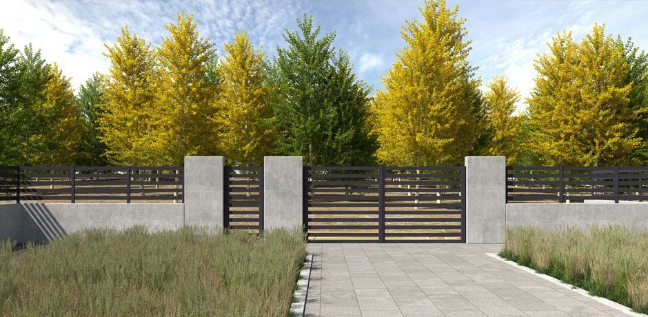 Valla Dlimity Horizon 100 aluminio. Valla abierta. Lamas y postes de aluminio gris. Separación entre lamas 100 mm. Valla para jardin, casa, finca, separacion de ambientes. 7 años de garantia. Fabricacion a medida, entrega en kit. Puerta peatonal y puerta para vehículos a juego.